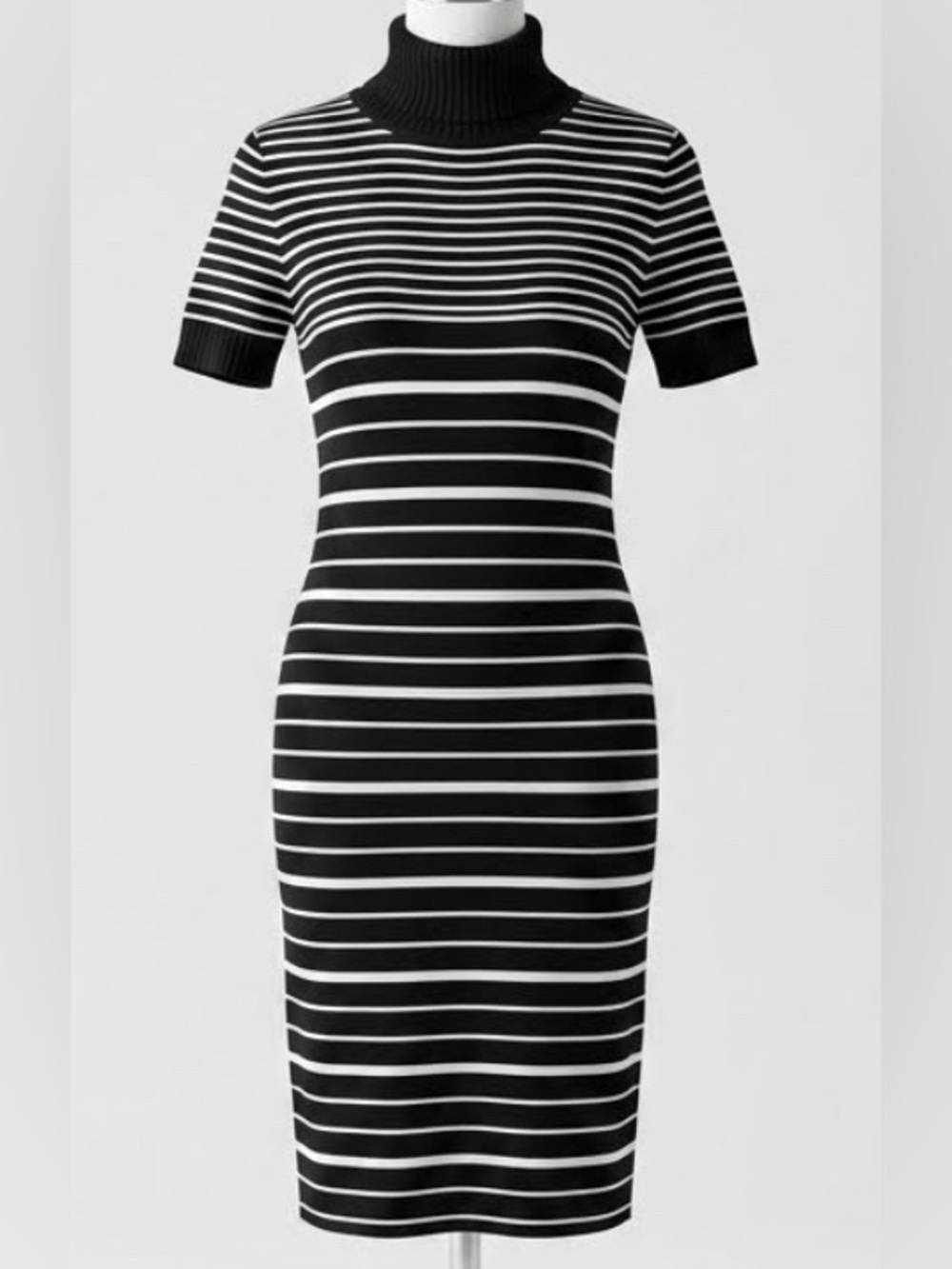 Vintage 90s Debut Cashmere Touch Black and White Striped Knit Midi Sweater Dress
